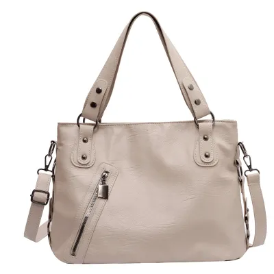 Women Fashionable Large Capacity Stud Zip Top PU Tote Shoulder Bag