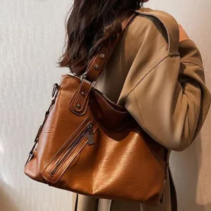 Women Fashionable Large Capacity Stud Zip Top PU Tote Shoulder Bag