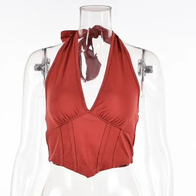 Women Sexy Halter Backless Cropped Top Solid Color Knit