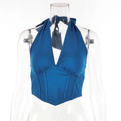 Women Sexy Halter Backless Cropped Top Solid Color Knit