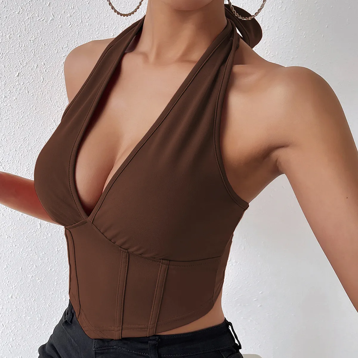 Women Sexy Halter Backless Cropped Top Solid Color Knit