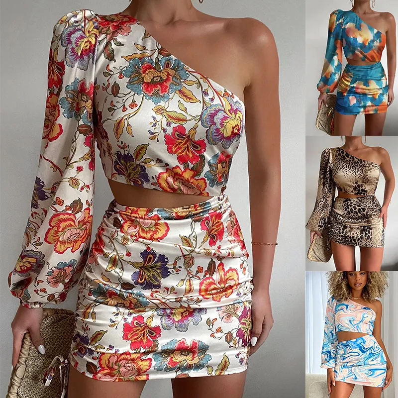 Summer Women Fashion Sexy Oblique Shoulder Floral Print Hollow Slim Fit Dress