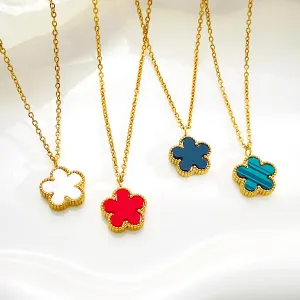 Women Fashion Simple Titanium Steel Necklace with Multicolor Floral Pendant