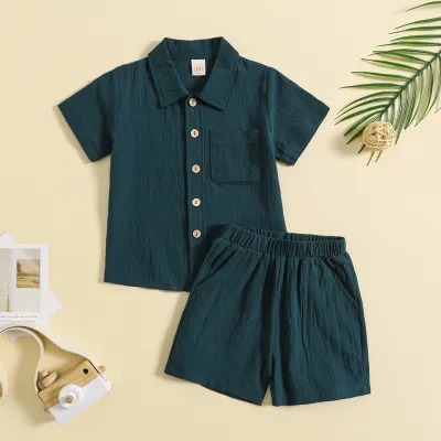 Toddler Baby Boys Casual Short Sleeve Solid Color Lapel Shirt & Shorts 2pcs Set