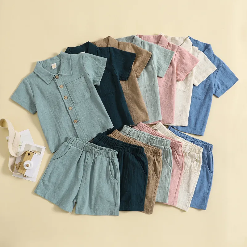 Toddler Baby Boys Casual Short Sleeve Solid Color Lapel Shirt & Shorts 2pcs Set