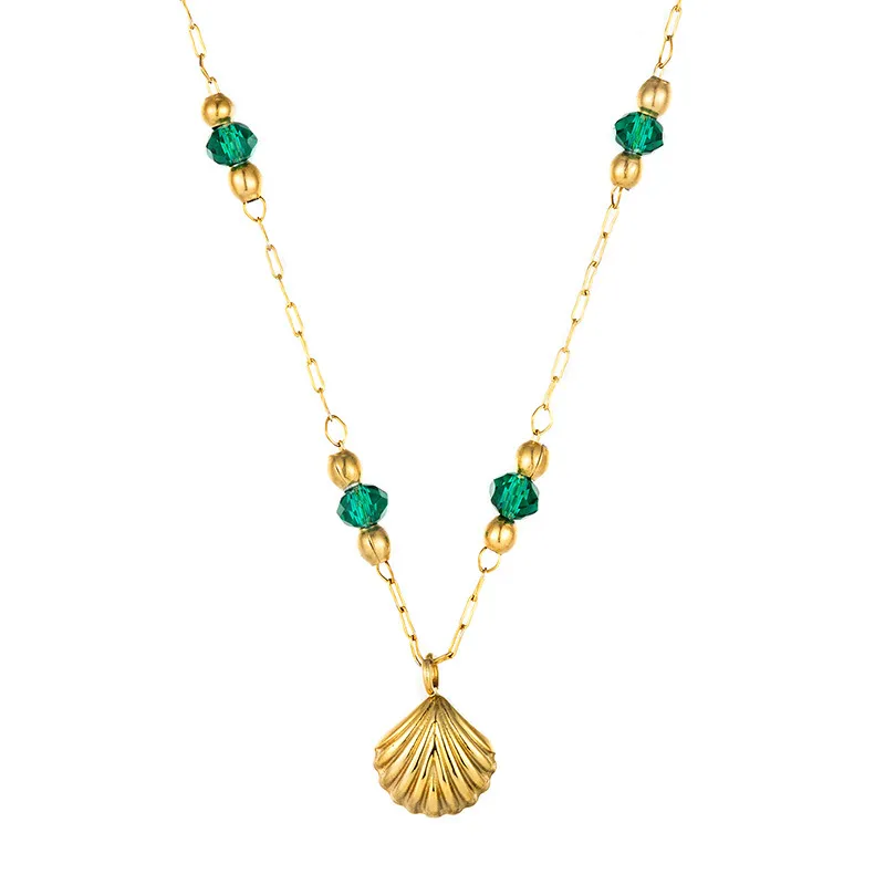 Women Fashion Simple Green Beads Small Shell Pendant Necklace