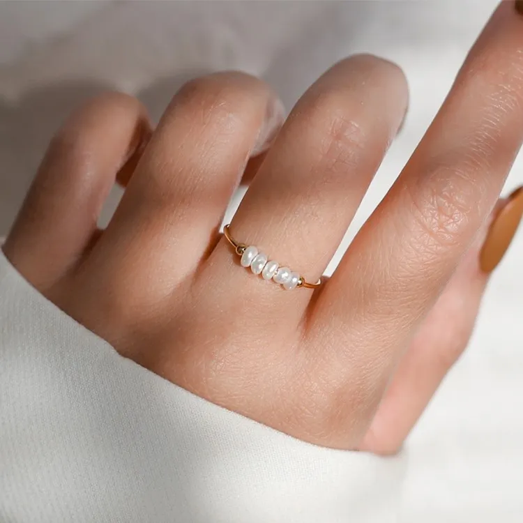 Women Simple Natural Baroque Pearl Titanium Steel Ring