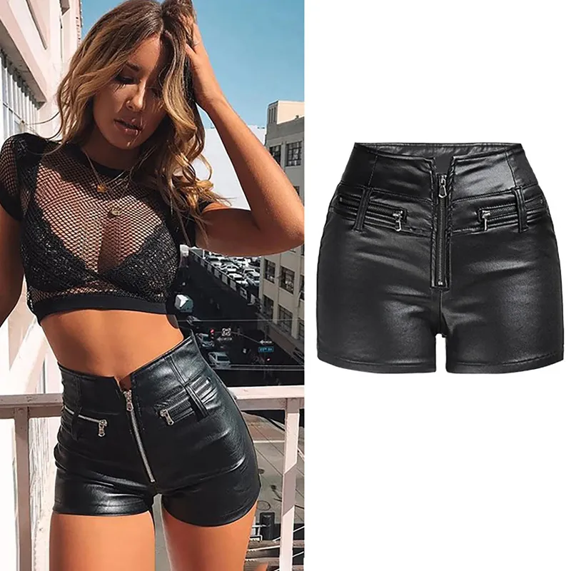 Women Solid Color PU Shorts High Waist Street Punk Style