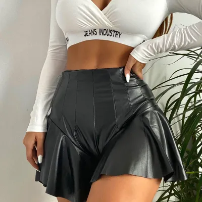 Women Sexy Solid Color Elastic PU Shorts