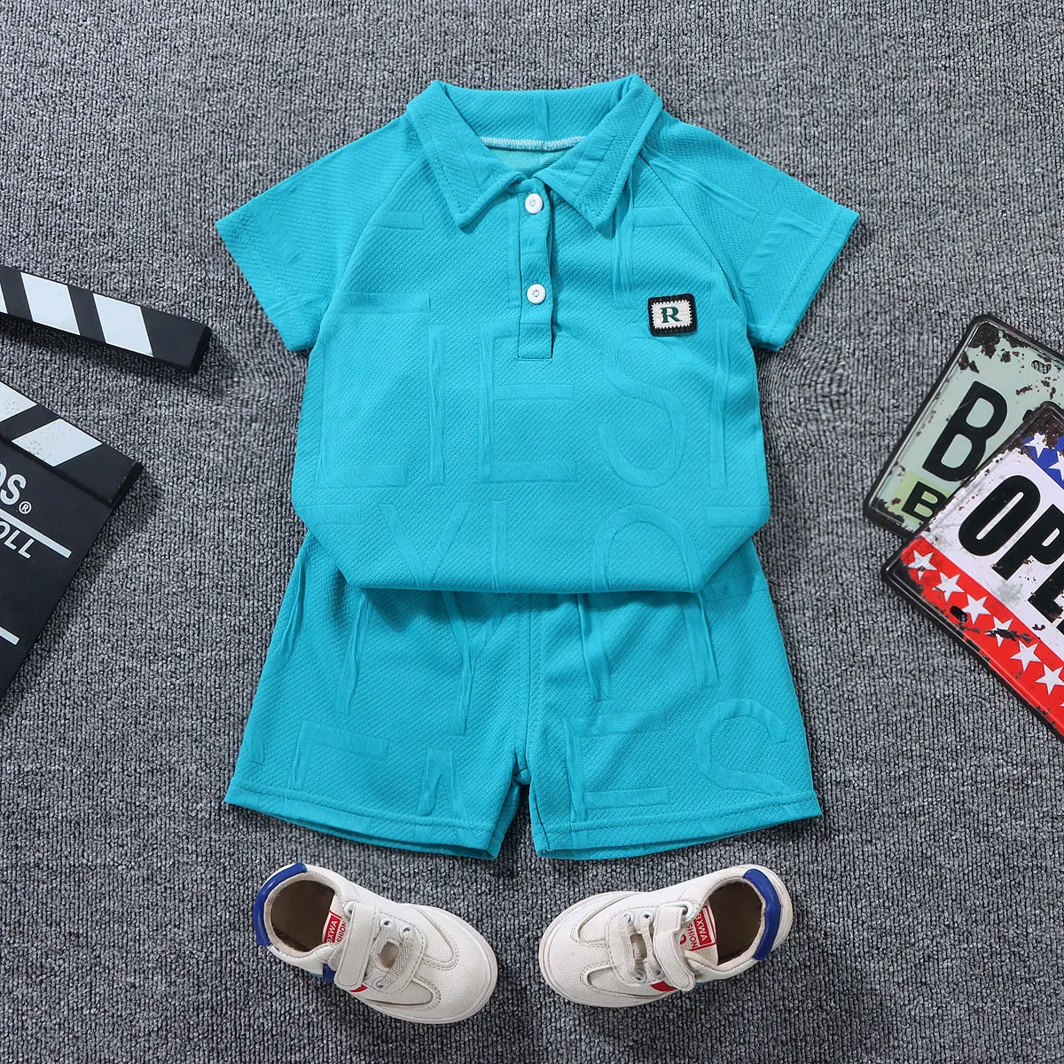 Boys Fashion Letter Print Short-Sleeved Polo Shirt Two-Piece Set Movement Style