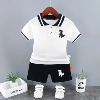 Boy Casual Dinosaur Print Short-Sleeved Polo Shirt and Pants Two-Piece Set