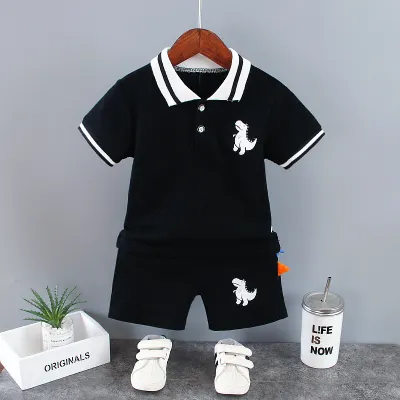 Boy Casual Dinosaur Print Short-Sleeved Polo Shirt and Pants Two-Piece Set