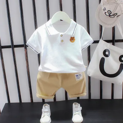 Boy Casual Dinosaur Print Short-Sleeved Polo Shirt and Pants Two-Piece Set