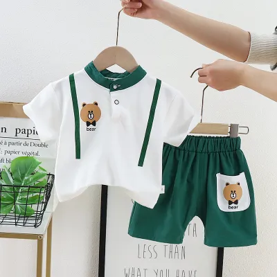 Boy Casual Dinosaur Print Short-Sleeved Polo Shirt and Pants Two-Piece Set