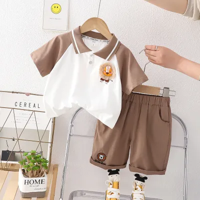 Boy Casual Dinosaur Print Short-Sleeved Polo Shirt and Pants Two-Piece Set