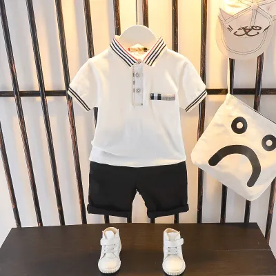 Boy Casual Dinosaur Print Short-Sleeved Polo Shirt and Pants Two-Piece Set
