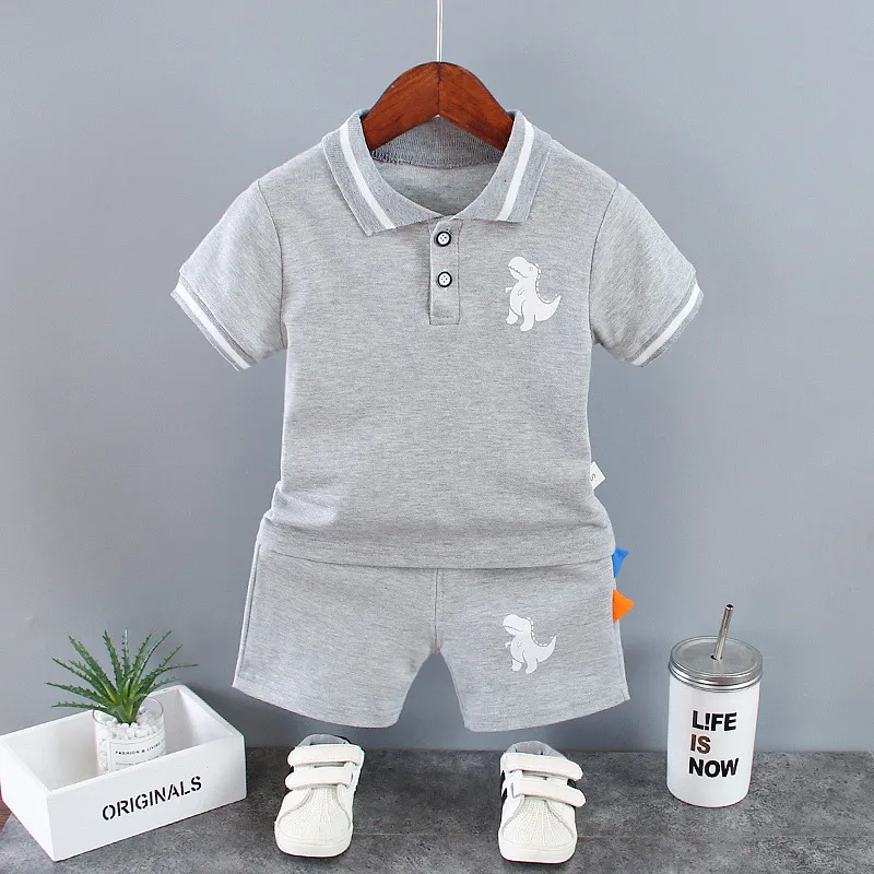 Boy Casual Dinosaur Print Short-Sleeved Polo Shirt and Pants Two-Piece Set