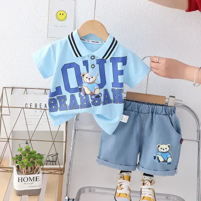 Boy Fashion Cartoon Print Cotton Knit Shorts Two-Piece Set Pullover Leisure Summer Outfit for Kids Boys Clothing (3-14T)