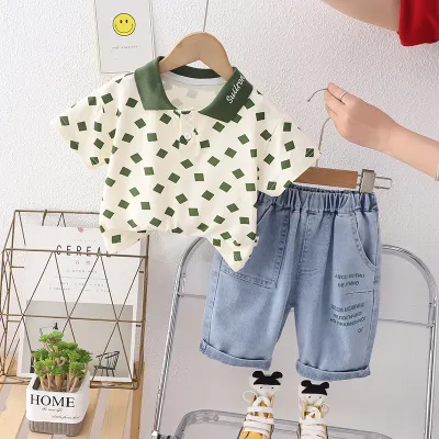 Boy Fashion Cartoon Print Cotton Knit Shorts Two-Piece Set Pullover Leisure Summer Outfit for Kids Boys Clothing (3-14T)