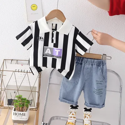 Boy Fashion Cartoon Print Cotton Knit Shorts Two-Piece Set Pullover Leisure Summer Outfit for Kids Boys Clothing (3-14T)