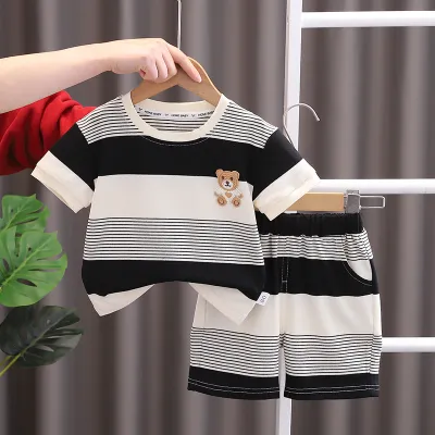 Boy Fashion Cartoon Print Cotton Knit Shorts Two-Piece Set Pullover Leisure Summer Outfit for Kids Boys Clothing (3-14T)