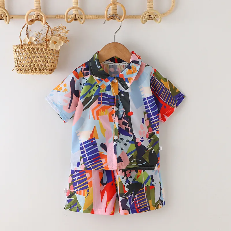 Wholesale Boy Casual Holiday Leaf Print Shirt Two-Piece Set