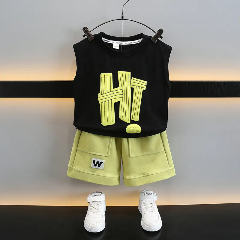 Boy Fashion Letter Print Two-Piece Set Cotton Casual Outfit Sleeveless Pullover Shorts Suit