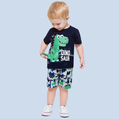 Boys Cartoon Dinosaur Print Two-Piece Set Short Sleeve Pullover Cotton Bermuda Pants Set