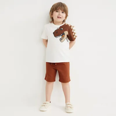 Boys Cartoon Dinosaur Print Two-Piece Set Short Sleeve Pullover Cotton Bermuda Pants Set