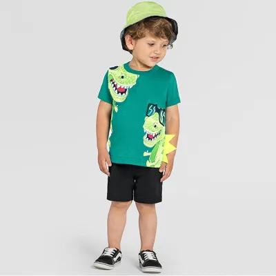 Boys Cartoon Dinosaur Print Two-Piece Set Short Sleeve Pullover Cotton Bermuda Pants Set