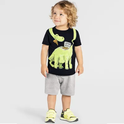 Boys Cartoon Dinosaur Print Two-Piece Set Short Sleeve Pullover Cotton Bermuda Pants Set