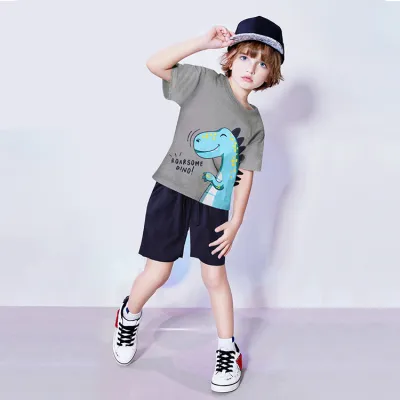 Boys Cartoon Dinosaur Print Two-Piece Set Short Sleeve Pullover Cotton Bermuda Pants Set