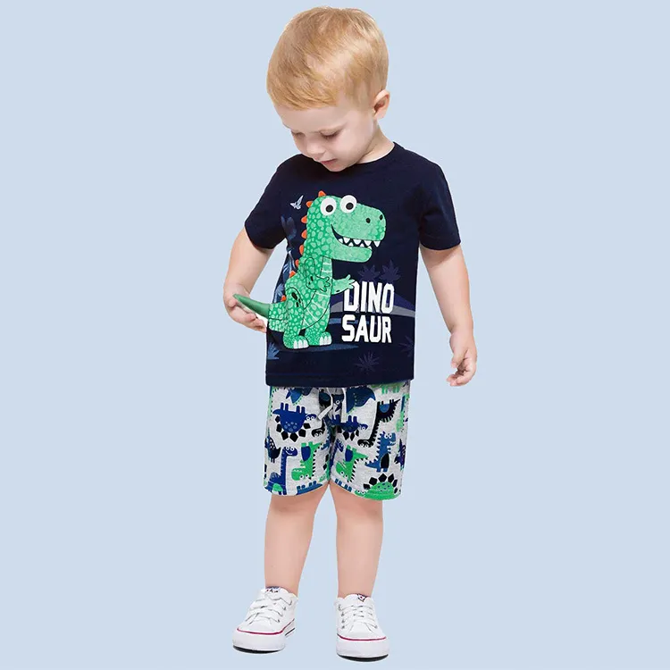 Boys Cartoon Dinosaur Print Two-Piece Set Short Sleeve Pullover Cotton Bermuda Pants Set