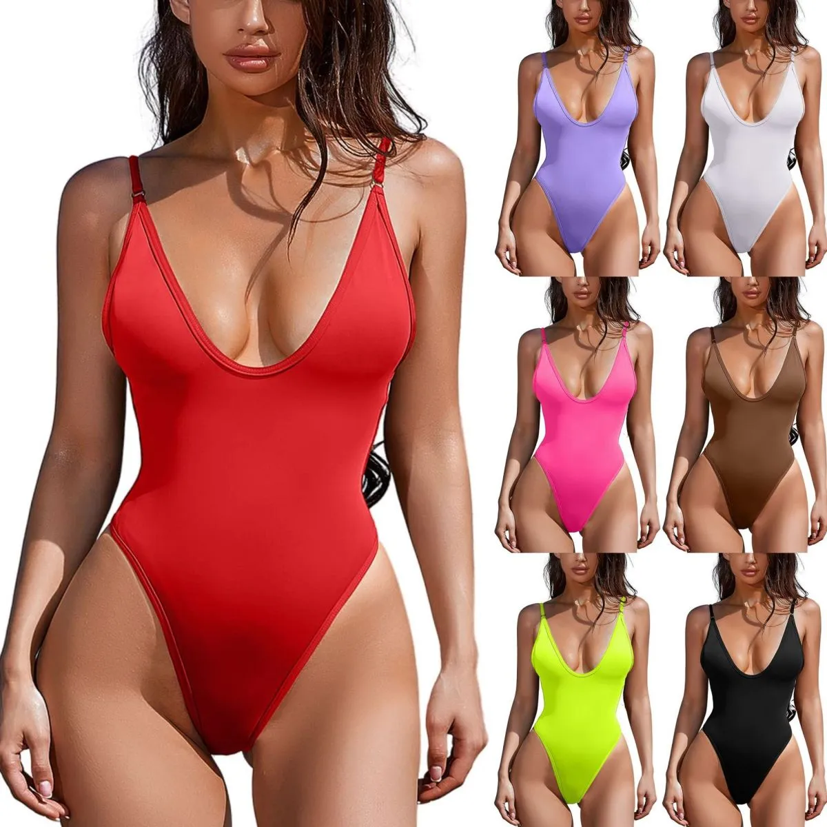 Summer Women Sexy Solid Color Deep V Strap One-Piece Swimsuit