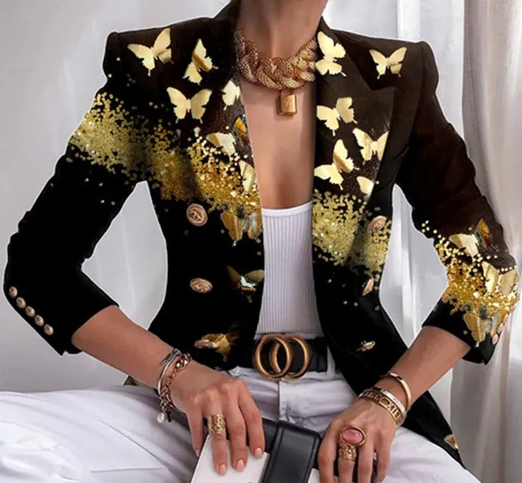 Women Office Chic Butterfly Printed Blazer Slim Fit