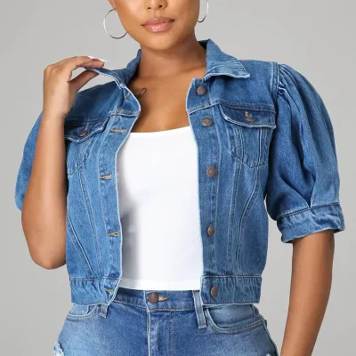 Women Casual Sweet Short Puff Sleeve Button-Up Crop Denim Jacket