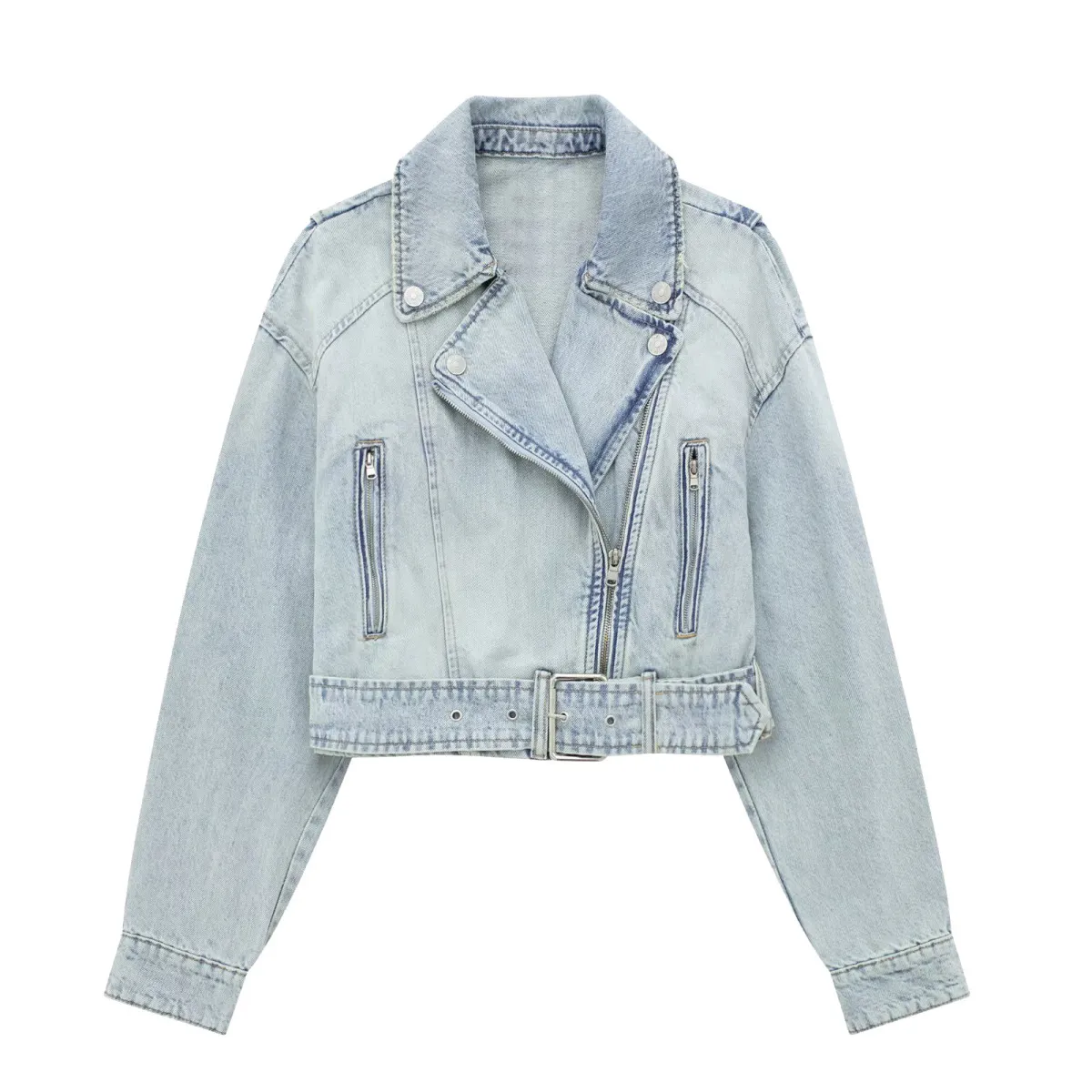 Women Casual Street Hipster Side Zipper Lapel Crop Denim Jacket