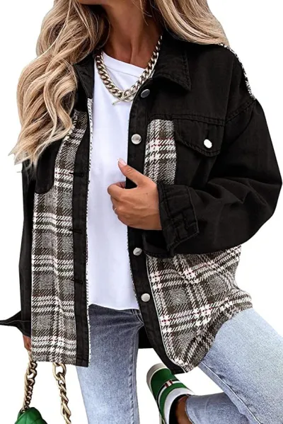 Autumn And Winter Extra Long Denim Jacket Long Sleeve Plaid Button-Up Shacket Punk Street Hipster