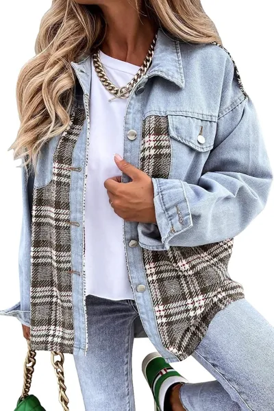 Autumn And Winter Extra Long Denim Jacket Long Sleeve Plaid Button-Up Shacket Punk Street Hipster