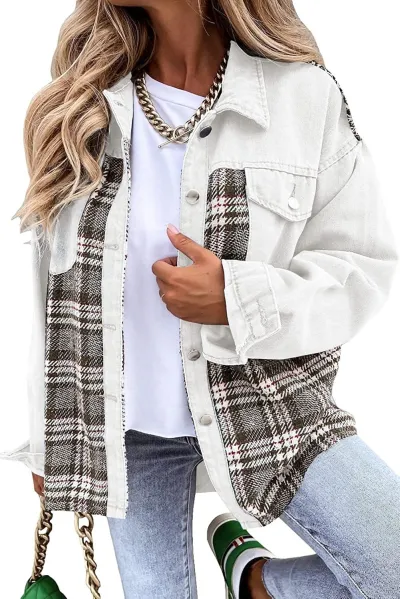 Autumn And Winter Extra Long Denim Jacket Long Sleeve Plaid Button-Up Shacket Punk Street Hipster