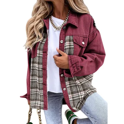 Autumn And Winter Extra Long Denim Jacket Long Sleeve Plaid Button-Up Shacket Punk Street Hipster