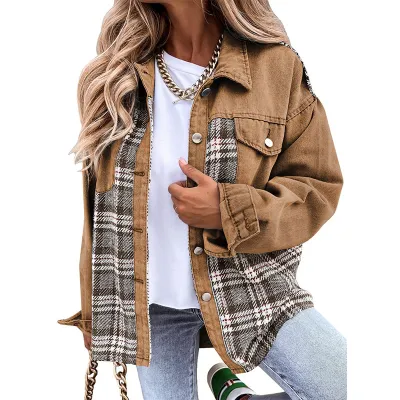 Autumn And Winter Extra Long Denim Jacket Long Sleeve Plaid Button-Up Shacket Punk Street Hipster