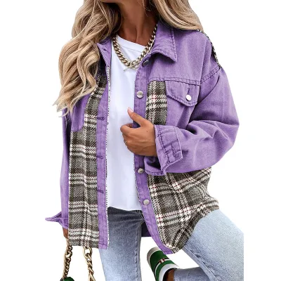 Autumn And Winter Extra Long Denim Jacket Long Sleeve Plaid Button-Up Shacket Punk Street Hipster