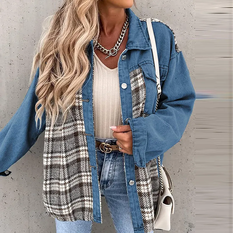 Autumn And Winter Extra Long Denim Jacket Long Sleeve Plaid Button-Up Shacket Punk Street Hipster