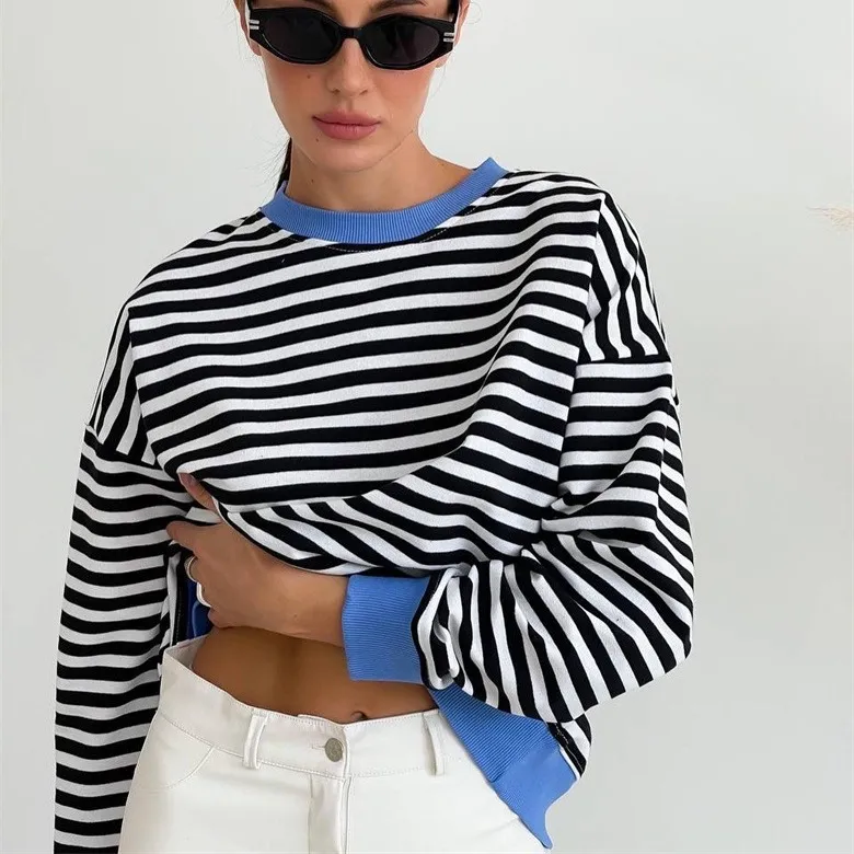 Women's Stripe Contrast Color Long Sleeve Street Casual Pullover Sweatshirt