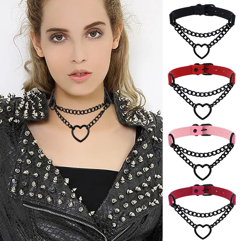 Harajuku Heart Black Chain Collar Necklace Fashion Women Pu Leather Punk Gothic Necklace