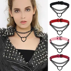 Harajuku Heart Black Chain Collar Necklace Fashion Women Pu Leather Punk Gothic Necklace