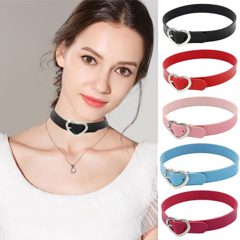 Women Unique Punk Gothic Heart Love Buckle Collar Pu Leather Necklace