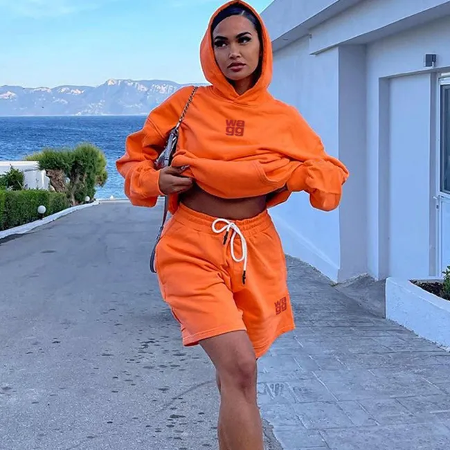 Athleisure Women Street Autumn Fashion Sports Letter Embroidered Pullover Hooded Shorts Two-Piece Set