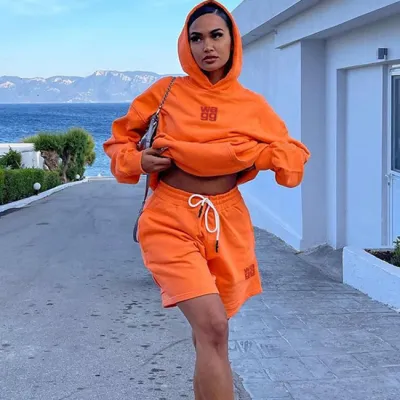 Athleisure Women Street Autumn Fashion Sports Letter Embroidered Pullover Hooded Shorts Two-Piece Set